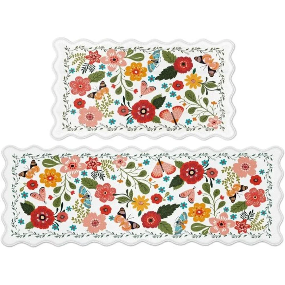 New 2Pcs Scalloped Kitchen Mats, Cushioned Non-Slip Waterproof Anti-Fatigue Rugs